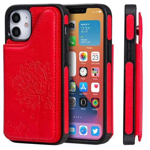 iPhone 12 mini Cat Tree Embossing Pattern Shockproof Protective Case with Card Slots & Photo Frame & Holder - Red