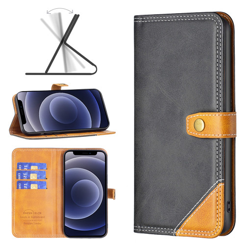 iPhone 12 mini Color Matching Double Sewing Thread Leather Case - Black