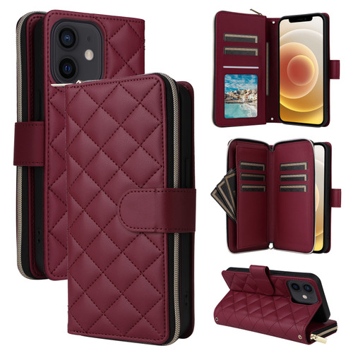 iPhone 12 mini Crossbody Rhombic Zipper Tower Buckle Leather Phone Case with Lanyard - Wine Red