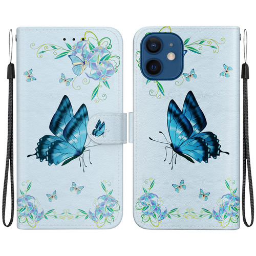 iPhone 12 mini Crystal Texture Colored Drawing Leather Phone Case - Blue Pansies