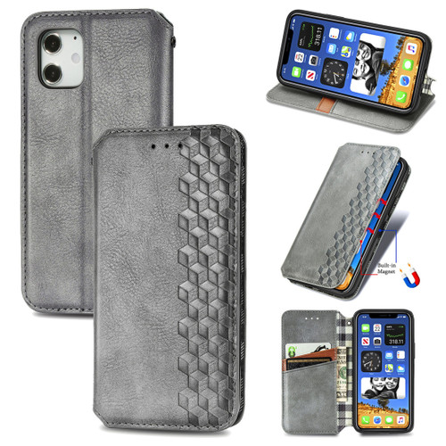 iPhone 12 mini Cubic Grid Pressed Horizontal Flip Magnetic PU Leather Case with Holder & Card Slots & Wallet - Grey