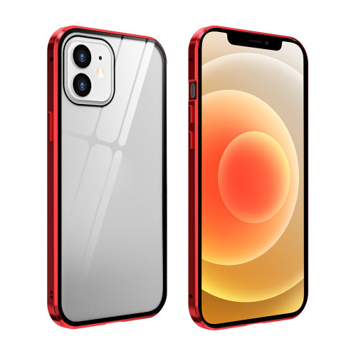 iPhone 12 mini Double Sides Tempered Glass Magnetic Adsorption Metal Frame HD Screen Case - Red