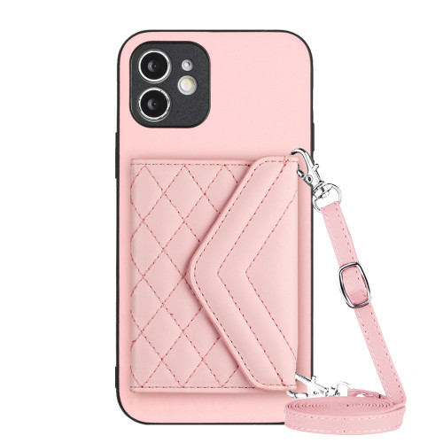 iPhone 12 mini Rhombic Texture Card Bag RFID Phone Case with Long Lanyard - Rose Gold