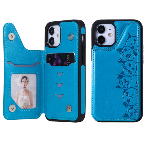 iPhone 12 mini Six Cats Embossing Pattern Protective Case with Holder & Card Slots & Photo Frame - Blue
