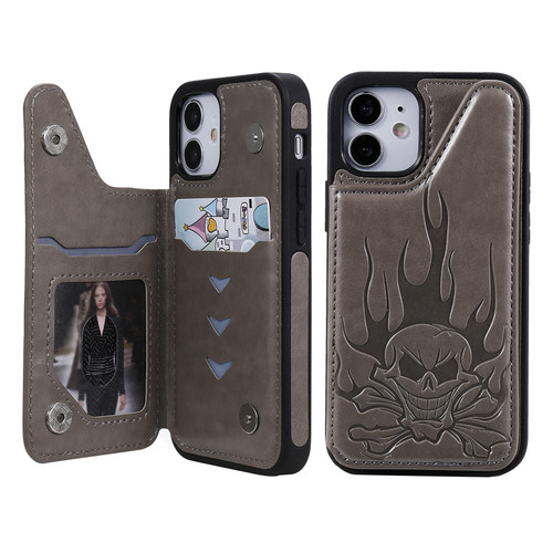 iPhone 12 mini Skull Head Embossing Pattern Shockproof Protective Case with Holder & Card Slots & Wallet - Grey