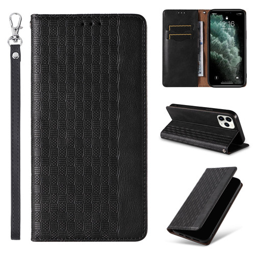 iPhone 11 Pro Max Braided Embossed Strong Magnetic Leather Phone Case - Black