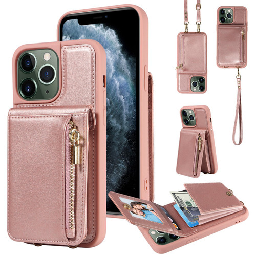iPhone 11 Pro Max Crossbody Lanyard Zipper Wallet Leather Phone Case - Rose Gold