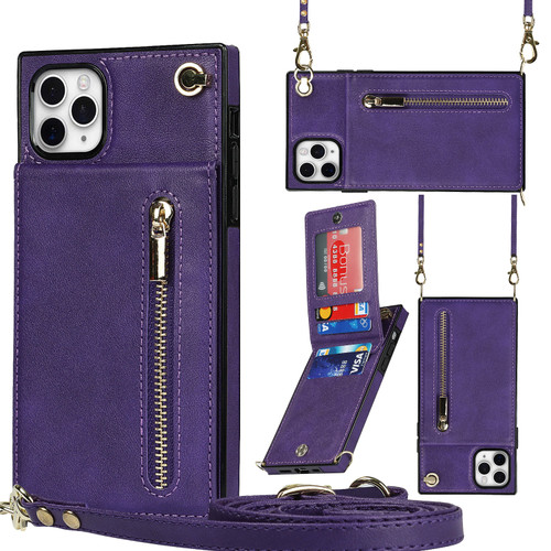 iPhone 11 Pro Max Cross-body Zipper Square TPU+PU Back Cover Case with Holder & Card Slots & Wallet & Strap - Purple