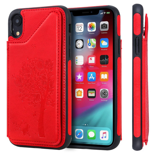 iPhone XR Cat Tree Embossing Pattern Shockproof Protective Case with Card Slots & Photo Frame & Holder - Red