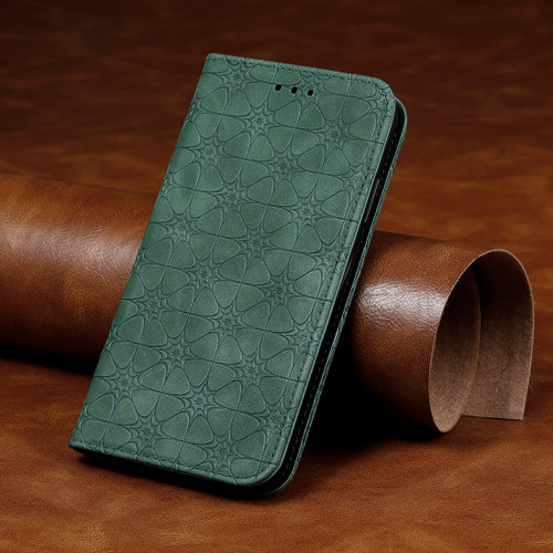 iPhone XR Lucky Flowers Embossing Pattern Magnetic Horizontal Flip Leather Case with Holder & Card Slots - Dark Green