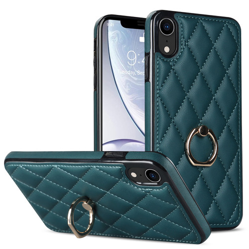 iPhone XR Rhombic PU Leather Phone Case with Ring Holder - Green