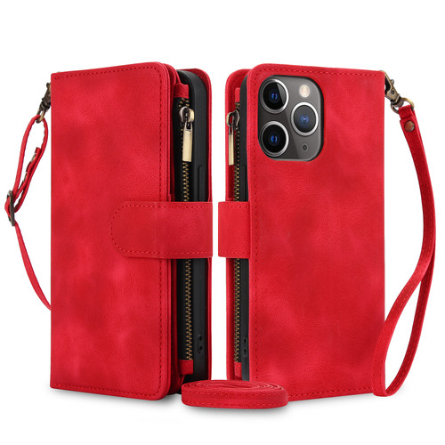 iPhone 11 Pro Dream 9-Card Zipper Wallet RFID Leather Phone Case with Lanyard - Red