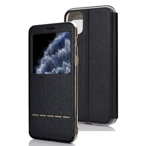 iPhone 11 Pro Matte Texture Horizontal Flip Bracket Mobile Phone Holster Window with Caller ID and Metal Button Slide To Unlock - Black