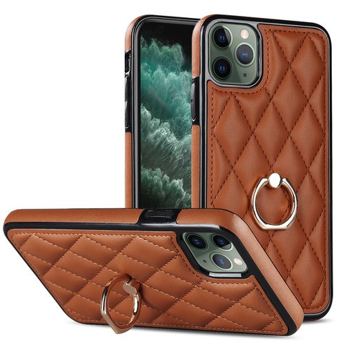 iPhone 11 Pro Rhombic PU Leather Phone Case with Ring Holder - Brown