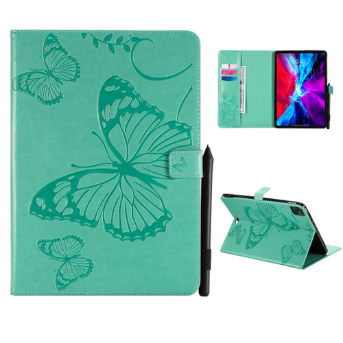 iPad Pro 11 - 2020 Pressed Printing Butterfly Pattern Horizontal Flip Leather Tablet Case with Holder & Card Slots & Wallet - Green
