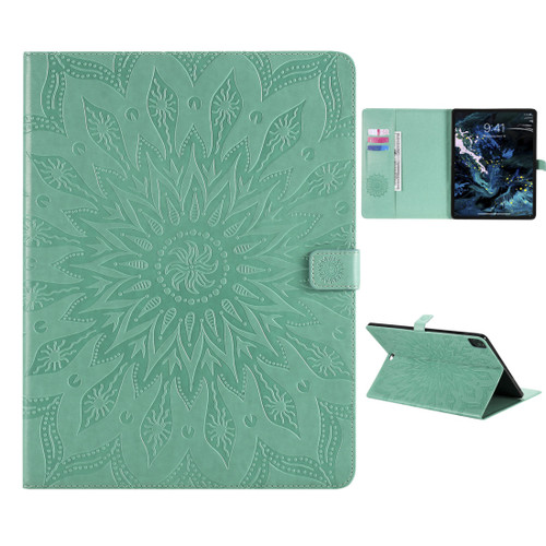 iPad Pro 11 - 2020 Pressed Printing Sunflower Pattern Horizontal Flip PU Leather Tablet Case with Holder & Card Slots & Wallet - Green