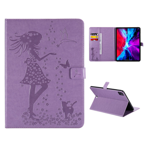 iPad Pro 11 - 2020 Pressed Printing Woman and Cat Pattern Horizontal Flip Leather Tablet Case with Holder & Card Slots & Wallet - Purple