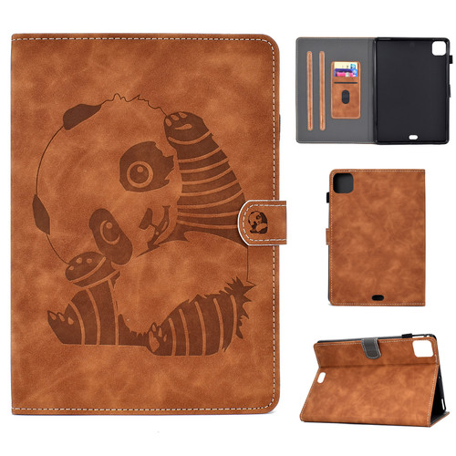 iPad Air 2022 / 2020 10.9 Panda Embossing Pattern Horizontal Flip PU Leather Case with Holder & Card Slot & Anti-skid Strip - Brown