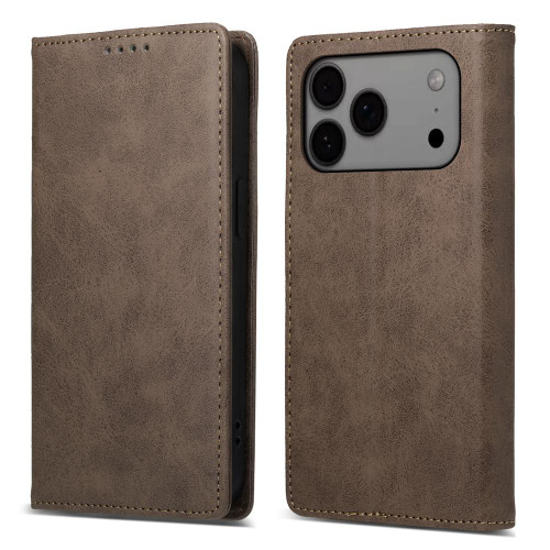 iPhone 17 Pro Max Business Solid Color Magnetic RFID Leather Phone Case - Brown