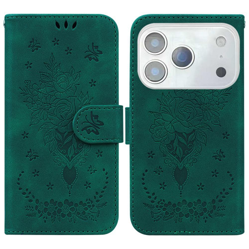 iPhone 17 Pro Max Butterfly Rose Embossed Leather Phone Case - Green