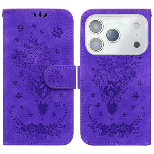 iPhone 17 Pro Max Butterfly Rose Embossed Leather Phone Case - Purple