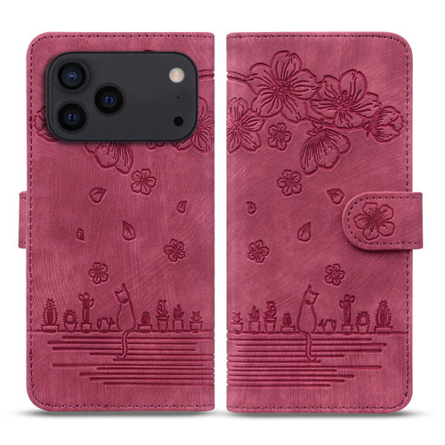 iPhone 17 Pro Max Cartoon Sakura Cat Embossed Leather Phone Case - Wine Red