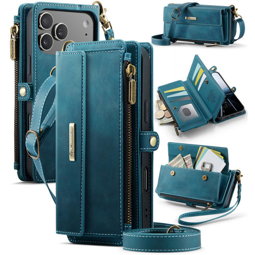 iPhone 17 Pro Max CaseMe C39 RFID Blocking Zipper Wallet Leather Phone Case with Crossbody Strap - Green