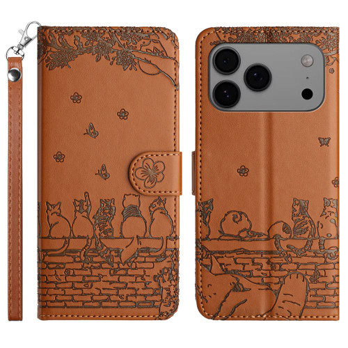 iPhone 17 Pro Max Cat Embossing Pattern Leather Phone Case with Lanyard - Brown