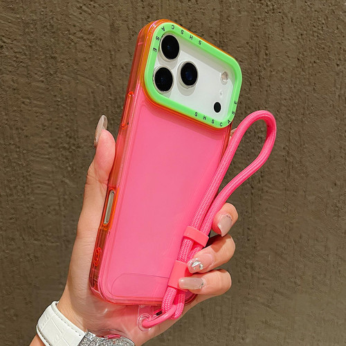 iPhone 17 Pro Max Color Contrast Lens Frame Transparent TPU Phone Case with Lanyard - Rose Red+Green