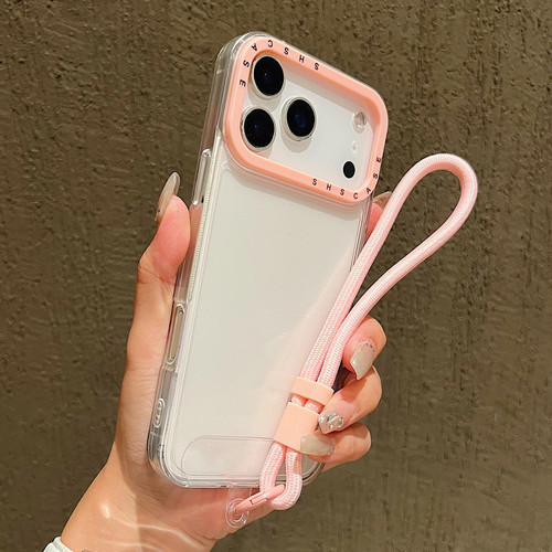 iPhone 17 Pro Max Color Contrast Lens Frame Transparent TPU Phone Case with Lanyard - Transparent+Light Pink