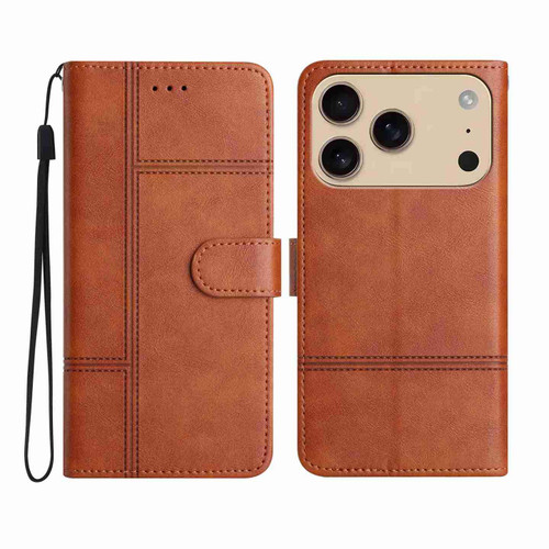 iPhone 17 Pro Max Cowhide Texture Stitching Leather Phone Case - Brown