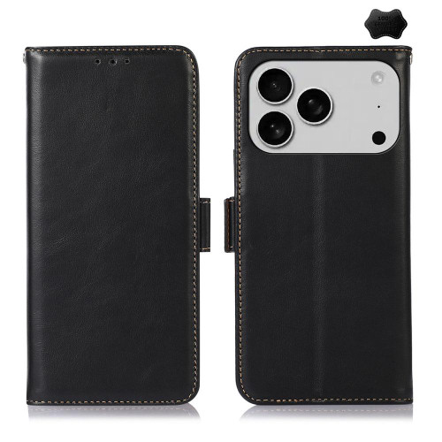 iPhone 17 Pro Max Crazy Horse Top Layer Cowhide Leather Phone Case - Black