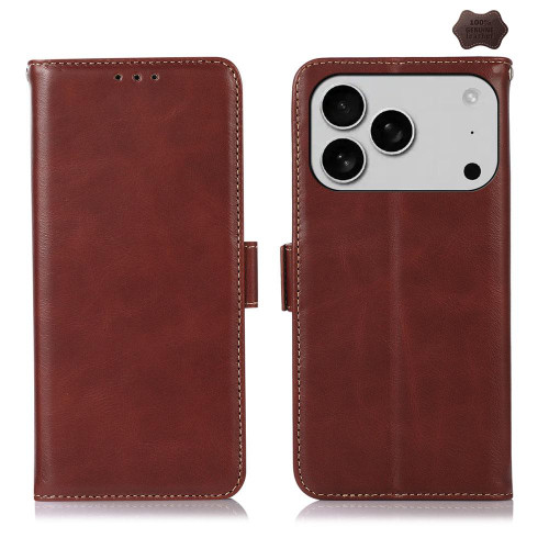 iPhone 17 Pro Max Crazy Horse Top Layer Cowhide Leather Phone Case - Brown