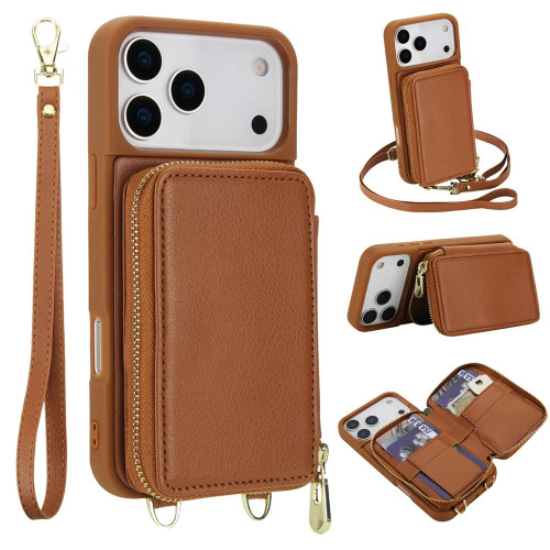 iPhone 17 Pro Max Crossbody Zipper RFID Card Bag Phone Case - Brown