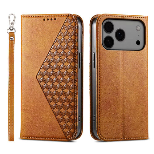 iPhone 17 Pro Max Cubic Grid Calf Texture Magnetic Leather Phone Case - Yellow