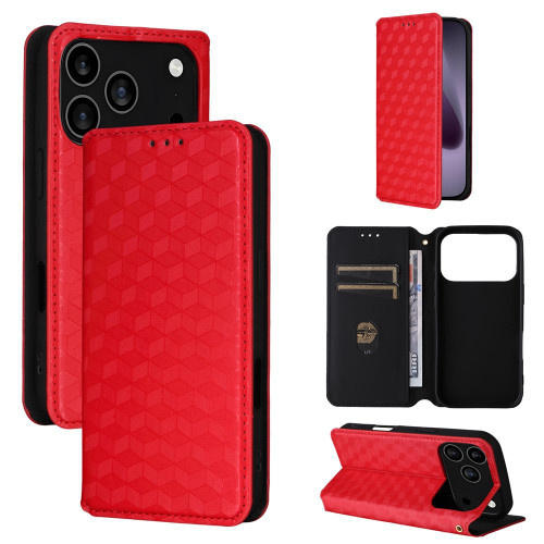 iPhone 17 Pro Max Cubic Grid Texture Flip Leather Phone Case - Red