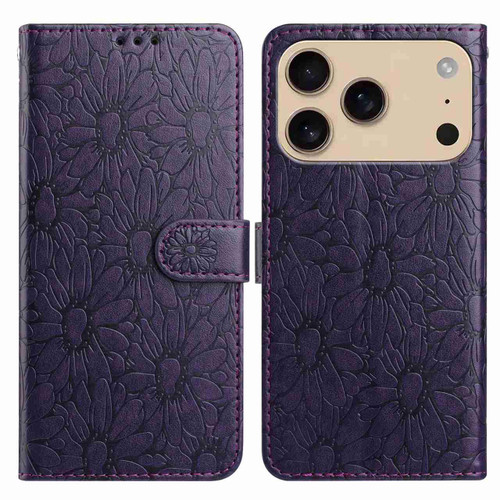 iPhone 17 Pro Max Daisy Embossed Leather Phone Case - Dark Purple