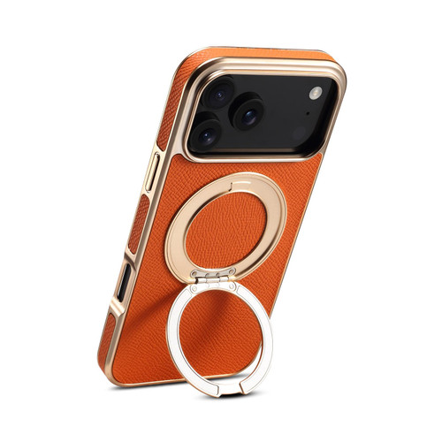 iPhone 17 Pro Max Denior A23 Magnetic Holder Electroplating Genuine Leather Phone Case - Orange