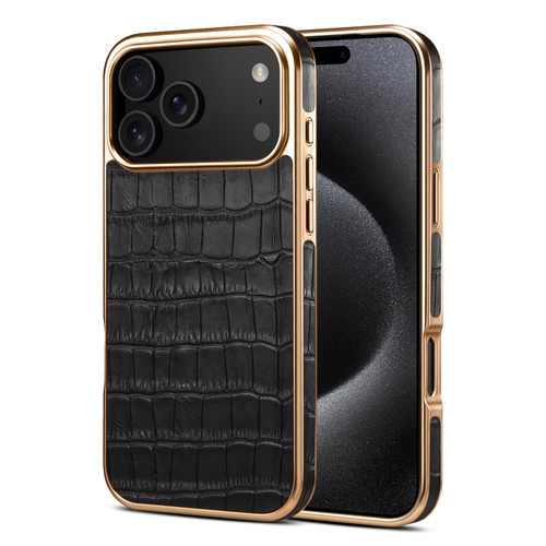 iPhone 17 Pro Max Denior Crocodile Texture Genuine Leather Electroplating Phone Case - Black