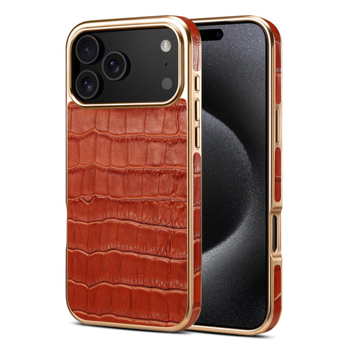 iPhone 17 Pro Max Denior Crocodile Texture Genuine Leather Electroplating Phone Case - Mocha Brown