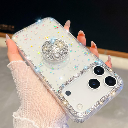 iPhone 17 Pro Max Diamond Glitter Diamond Round Holder Phone Case - Transparent Stars