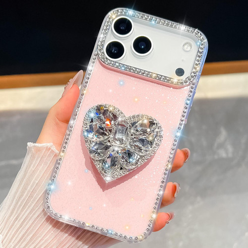 iPhone 17 Pro Max Diamond Glitter Gemstone Heart Holder Phone Case - Light Pink