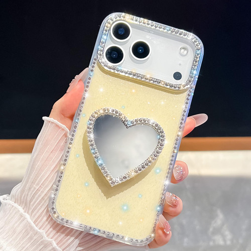 iPhone 17 Pro Max Diamond Glitter Mirror Heart Holder Phone Case - Light Yellow