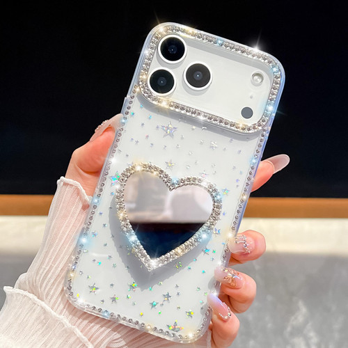 iPhone 17 Pro Max Diamond Glitter Mirror Heart Holder Phone Case - Transparent Stars