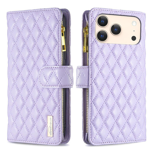 iPhone 17 Pro Max Diamond Lattice Zipper Wallet Leather Flip Phone Case - Purple