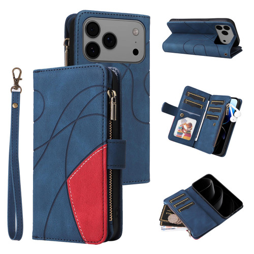 iPhone 17 Pro Max Dual-color 9 Card Slots Zipper Wallet Leather Phone Case - Blue