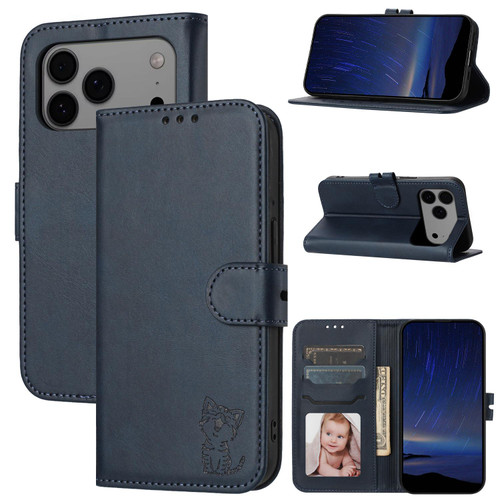 iPhone 17 Pro Max Embossed Happy Cat Pattern Flip Leather Phone Case - Blue