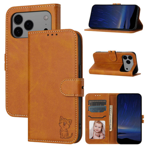 iPhone 17 Pro Max Embossed Happy Cat Pattern Flip Leather Phone Case - Yellow