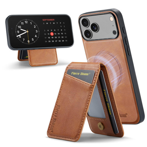 iPhone 17 Pro Max Fierre Shann Cowhide Vertical Flip Magnetic Card Holder Phone Case - Brown