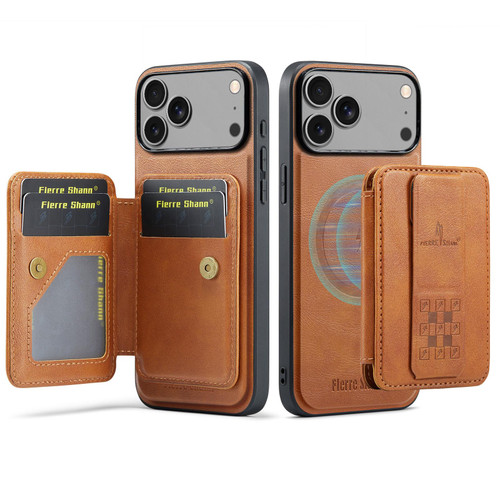 iPhone 17 Pro Max Fierre Shann Oil Wax Cow Leather Card Holder Back Phone Case - Brown
